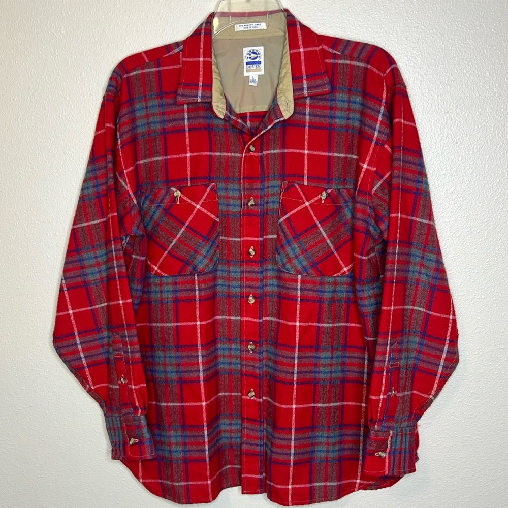 VTG ARROW DOVER Red Plaid Flannel Shirt Mens Size L Button Up Wool blend‎ READ